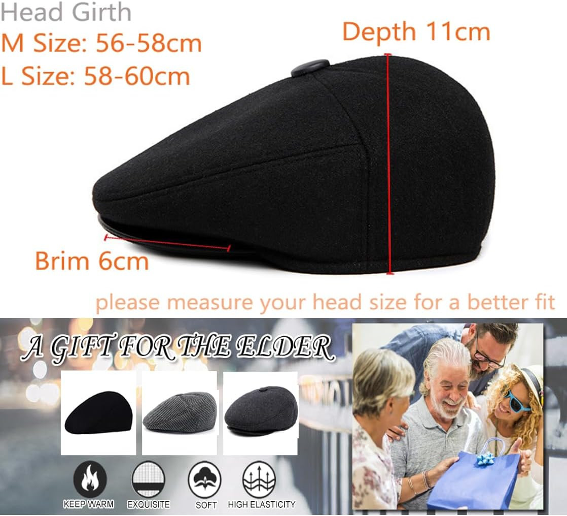Men’S Winter Flat Cap with Ear Flaps Wool Warm Newsboy Hat Derby Tweed Irish Cap