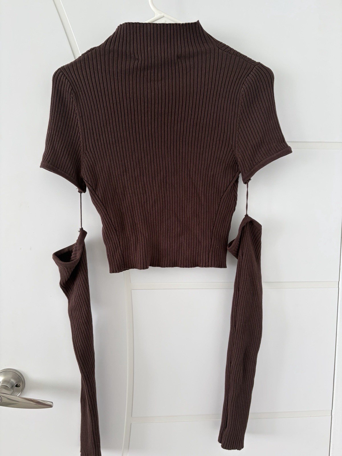Brown Ribbed Crop Top Sweater With Removable Long Sleeves Cozy