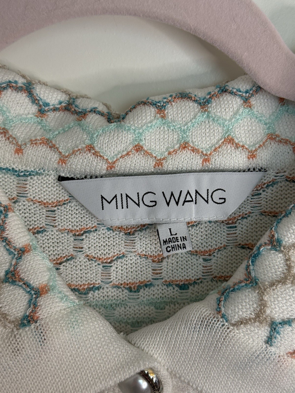 Ming Wang Women’s L Open Knit Collared Cardigan Sweater Pearl Button Multicolor