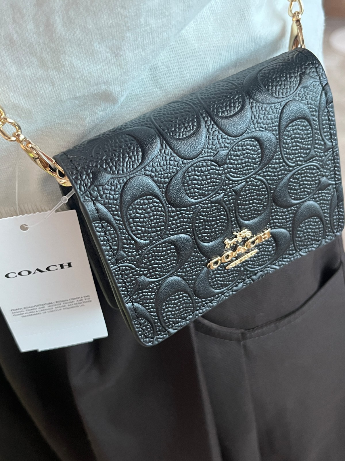 NEW Black COACH C7361 Mini Wallet on a Chain with In Signature Print Relief
