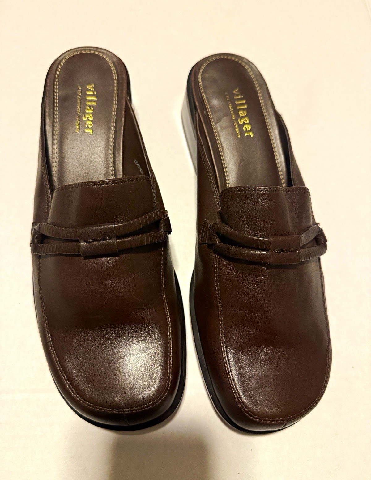 Villager Brown Leather Bow Square Toe Slip-On Mule Block Heel Women’s 8 M