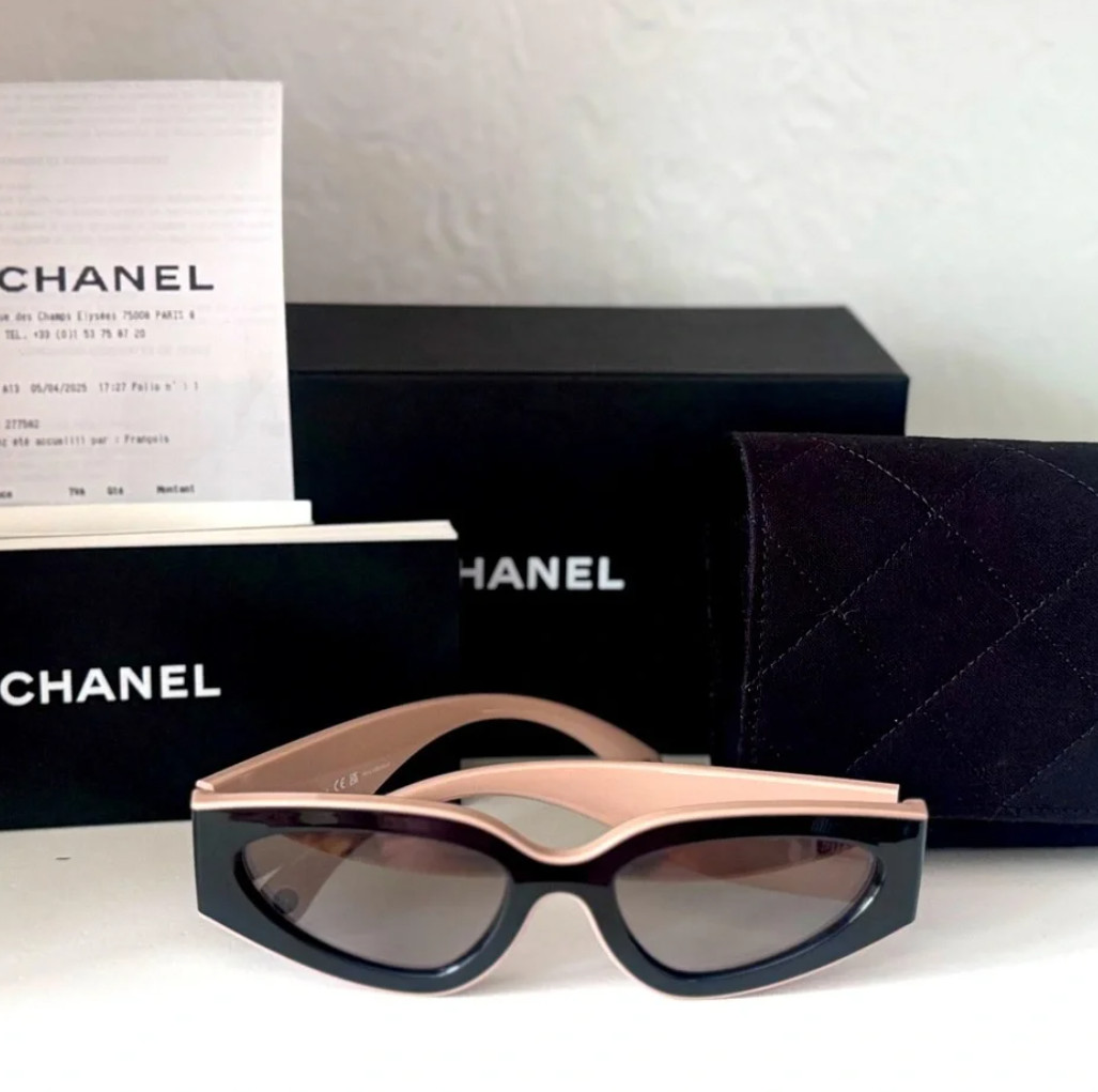 Chanel CH6056 54mm Cat Eye Woman’s Sunglasses in Black/Beige Black Lenses NEW