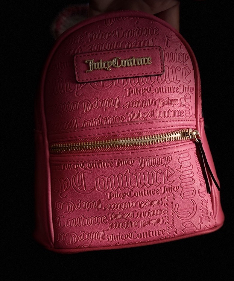 Juicy Couture Pink Logo Embossed Mini Backpack Front Zip Pocket Gold Hardware