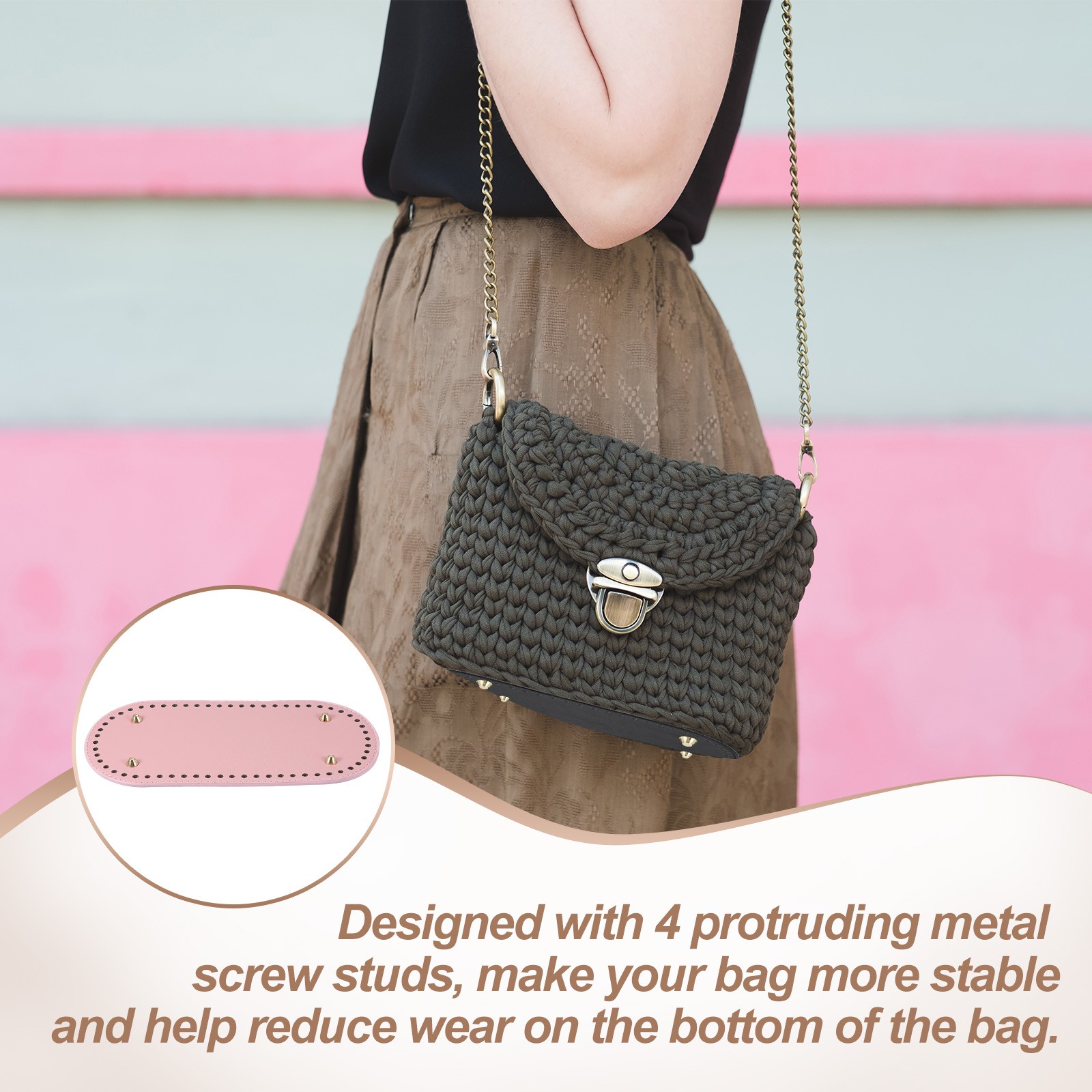 2Pcs Oval PU Leather Bag Bottom Shaper with Holes & Nails 9.8×4.7 Inch Pink