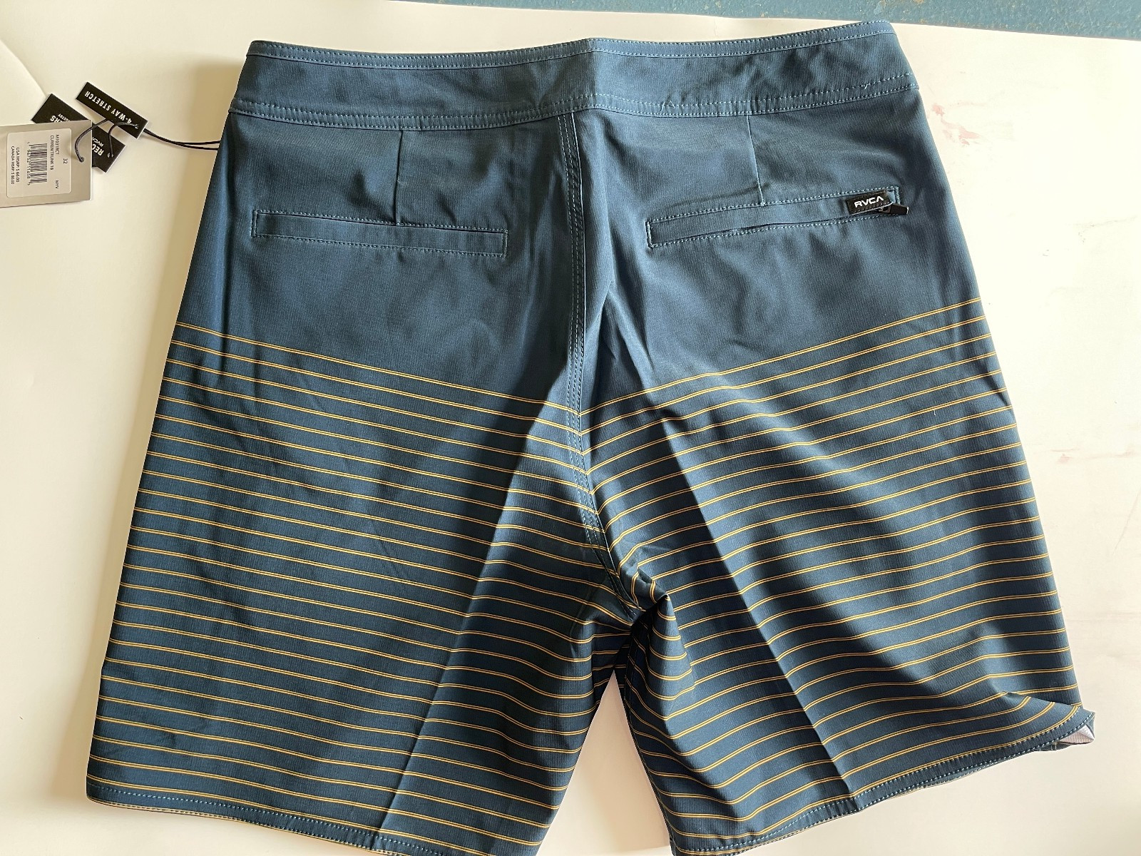 NEW wTAGS, $60 RVCA Swim Trunks, 18″ Mens, Navy/Gold Pinstripe, Drawstring/Zippr