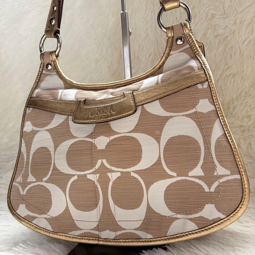 Coach Signature Hobo Shoulder Bag Gold Crescent Y2K Beige Canvas Auth