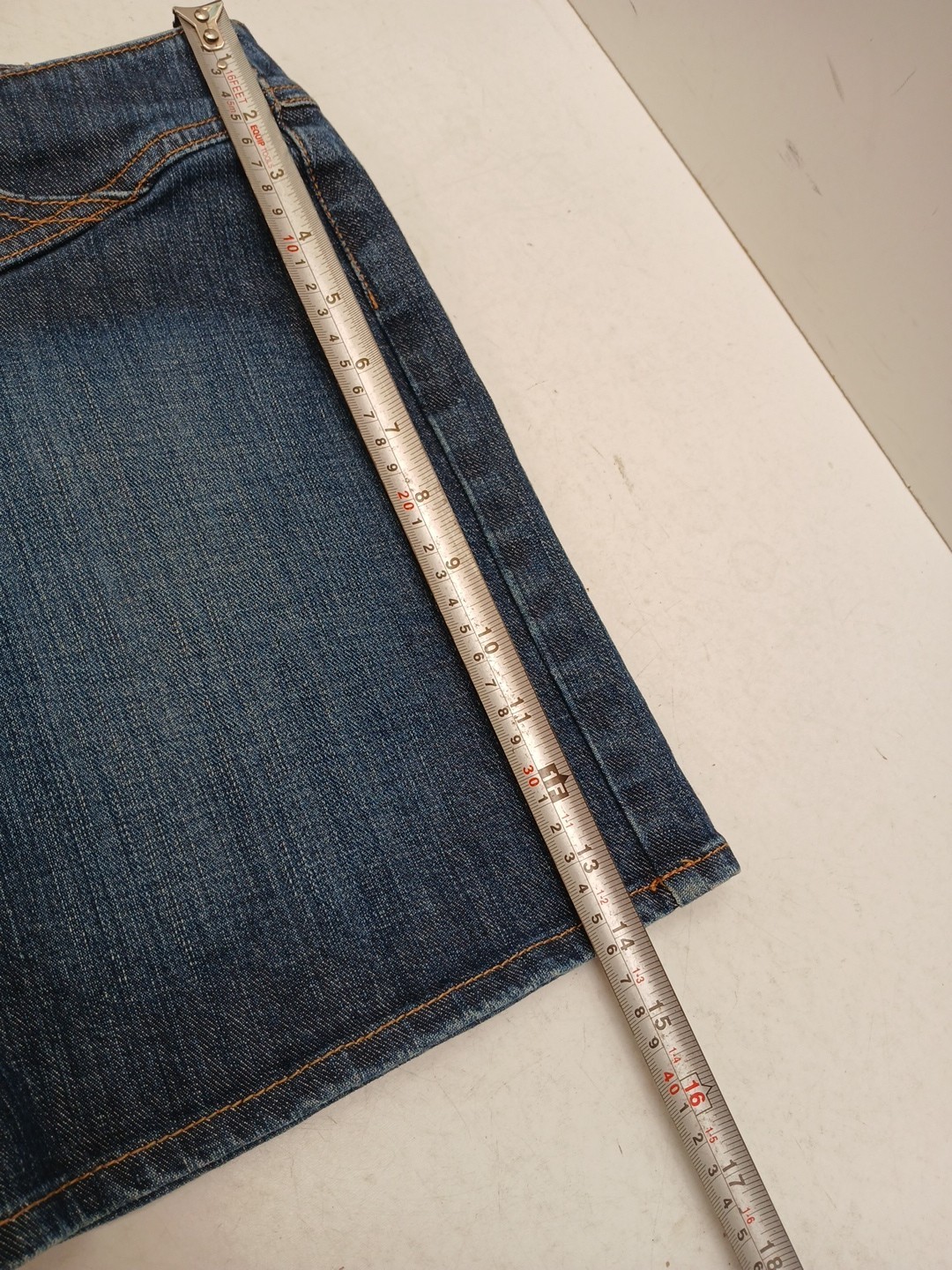 French Connection FCUK Denim Mini Skirt UK 14 Metal Logo Tag Zip and Hook Close.