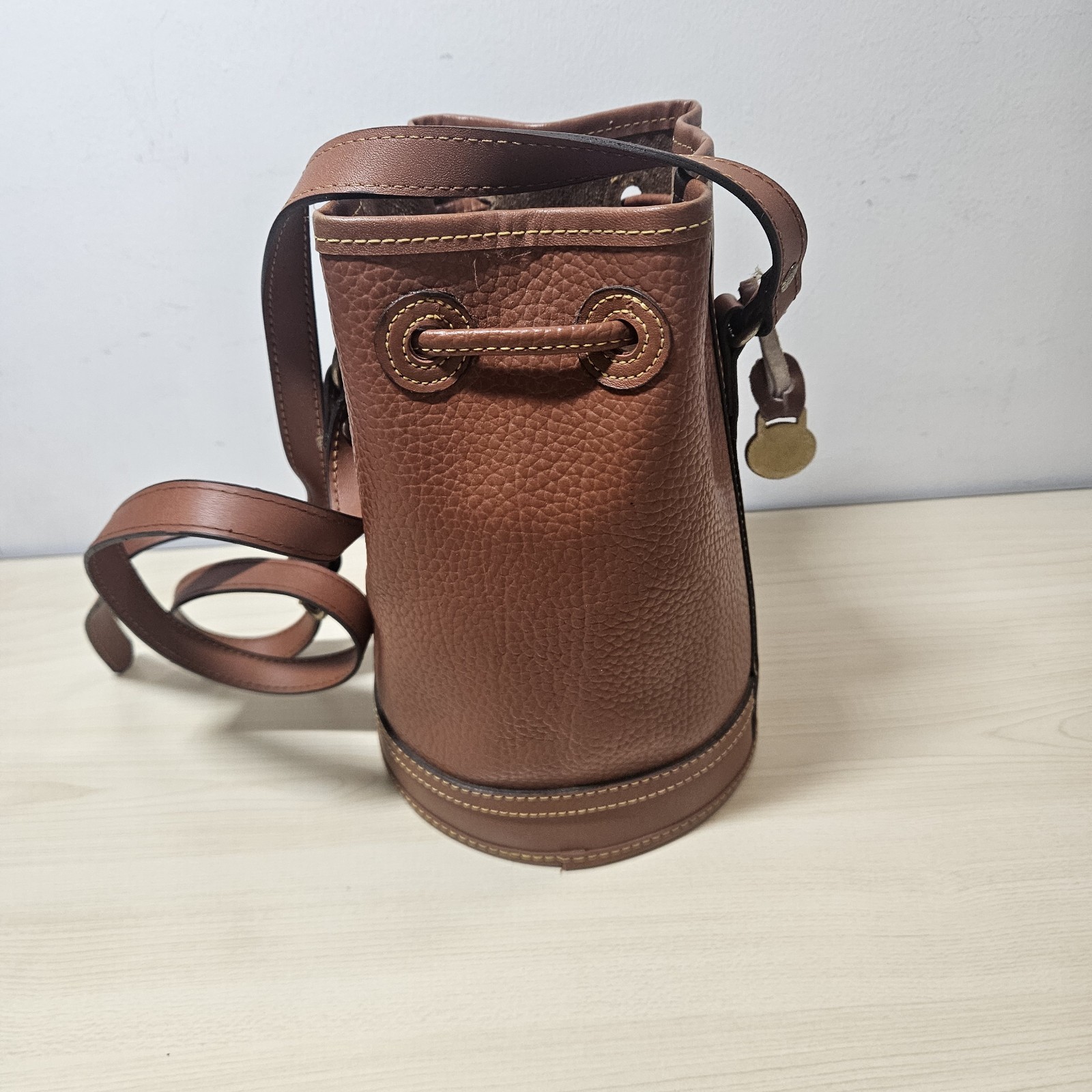 Vintage Dooney Bourke Drawstring Bucket Bag Brown All Weather Leather AWL