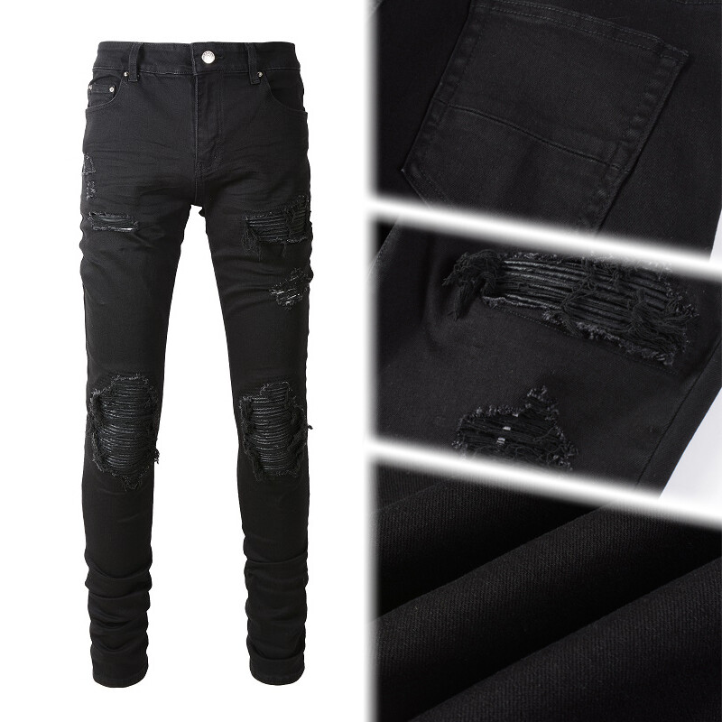 Men’s Skinny Stretch Black Jeans with Biker Knee Patches and Distressed Details