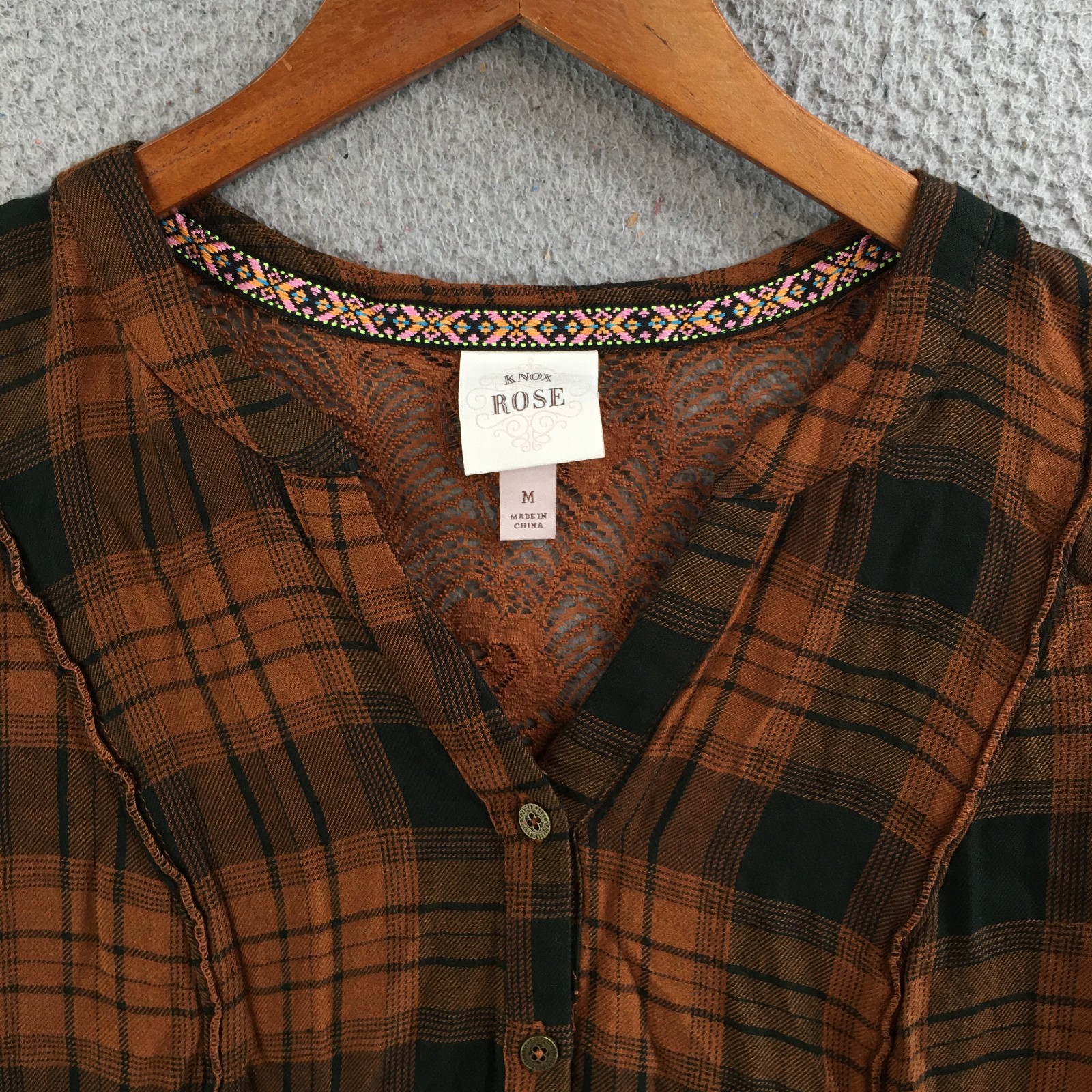 Knox Rose Plaid Button Up Shirt Womens M Lace Hi-Low Back Roll Tab Sleeve Brown