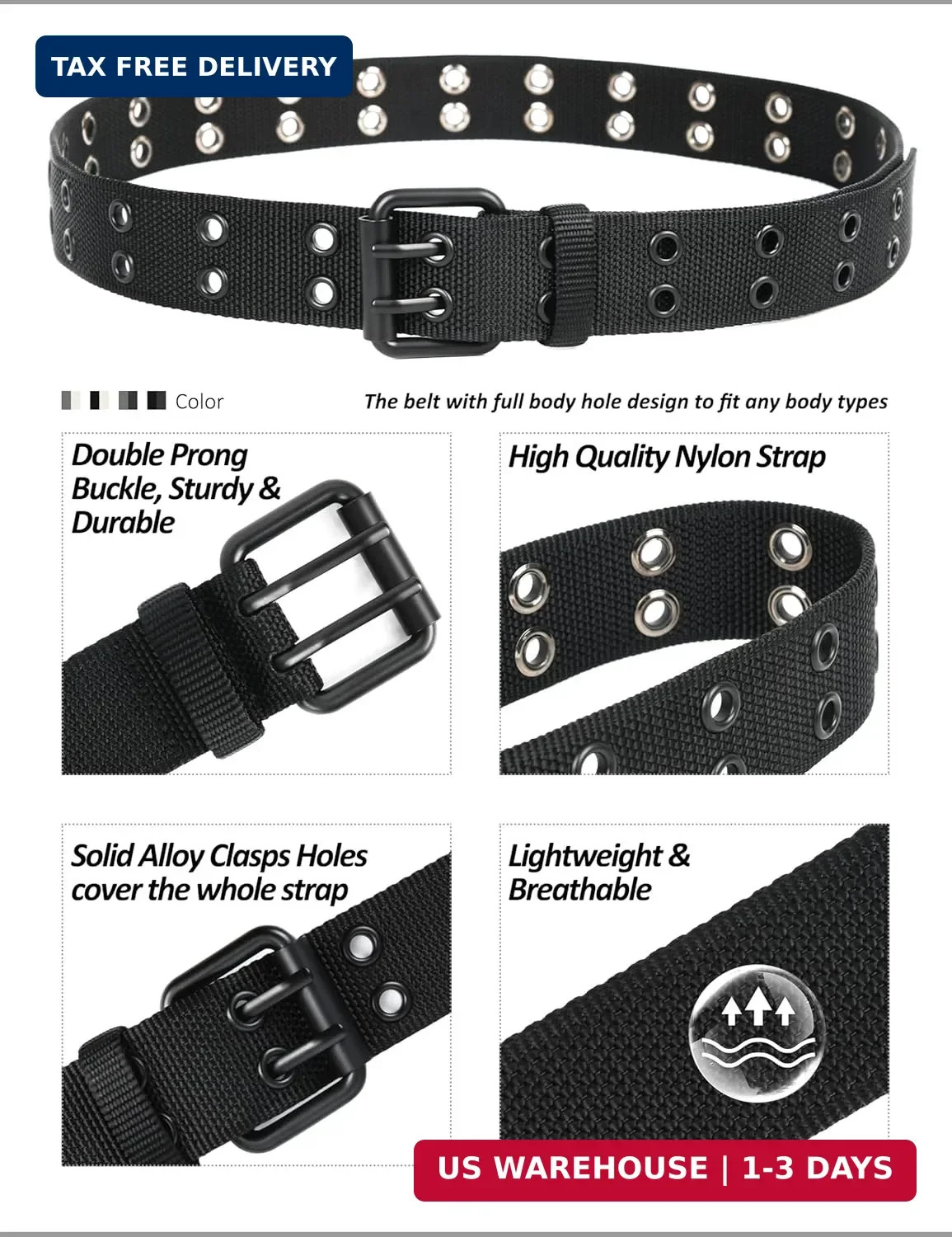 Double Prong Buckle Nylon Punk Belt Men Women, Sizes 28-64 Inches