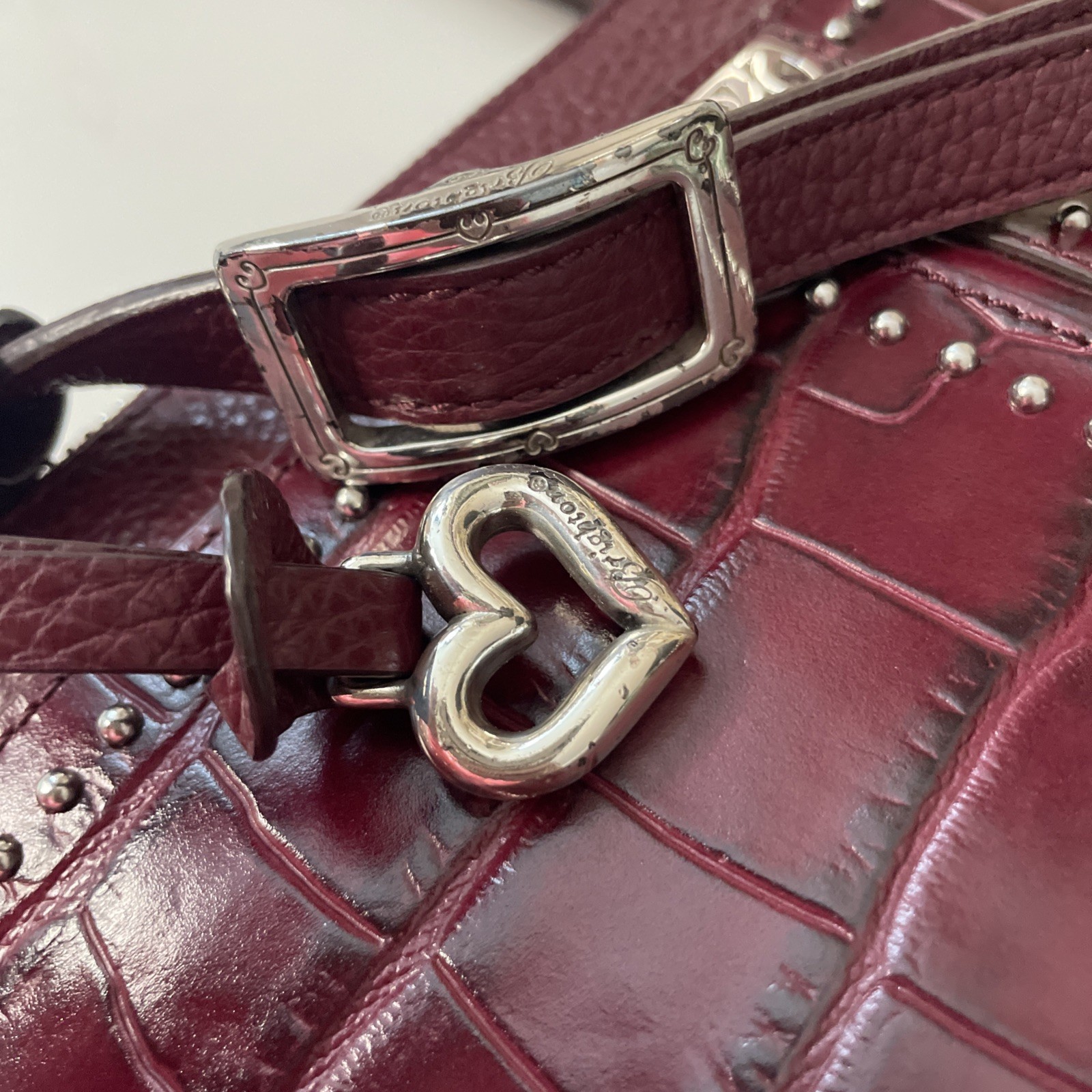 Stunning BRIGHTON Pretty Tough Studded Jojo Bag In Berry Croc Embossed Leather