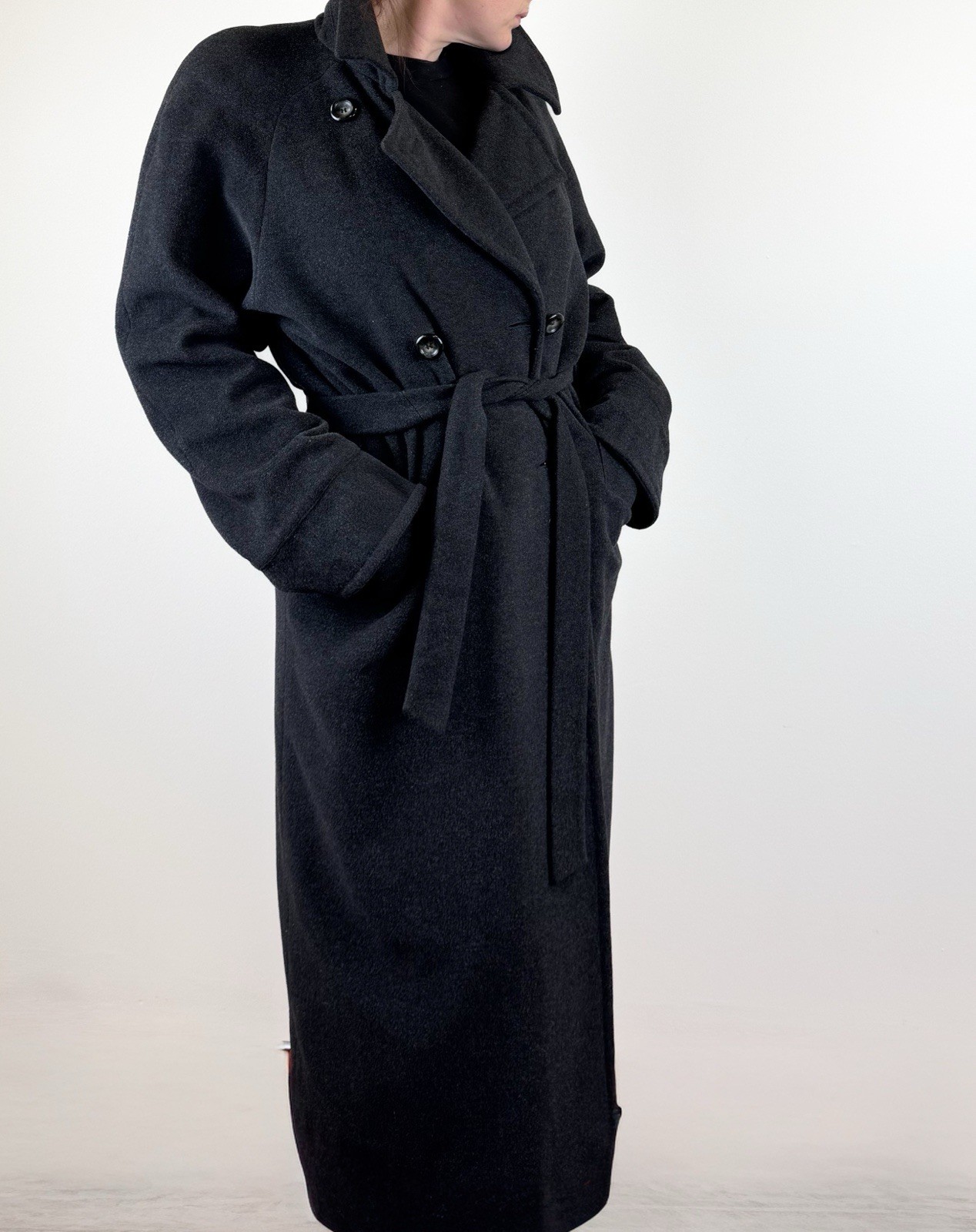 Vintage 90s BHS Virgin Wool Angora Maxi Coat Charcoal Grey Belted Overcoat UK14