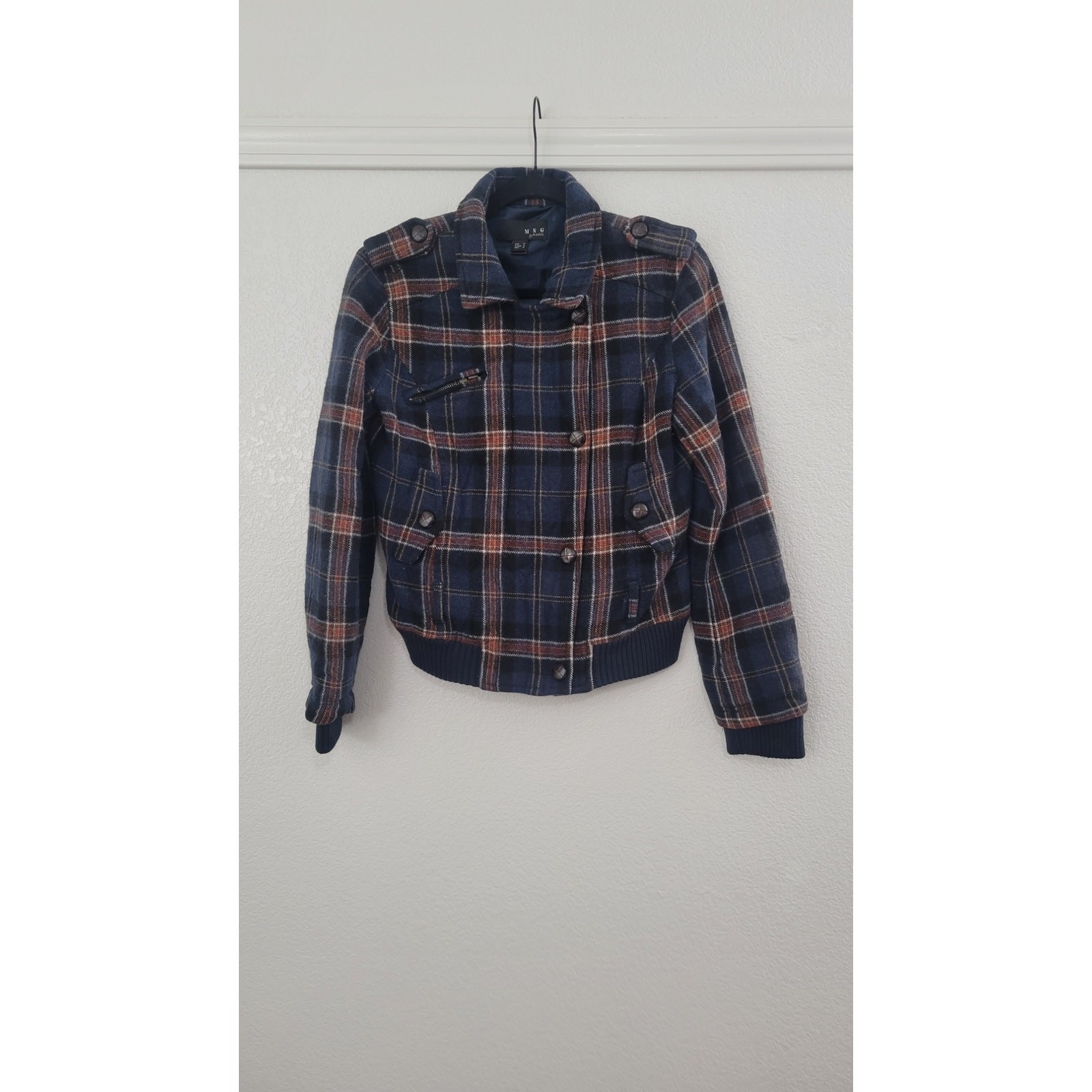 MNG by Mango Wool Blend Plaid Moto Jacket Women’s Small Blue Snap Zip Coat