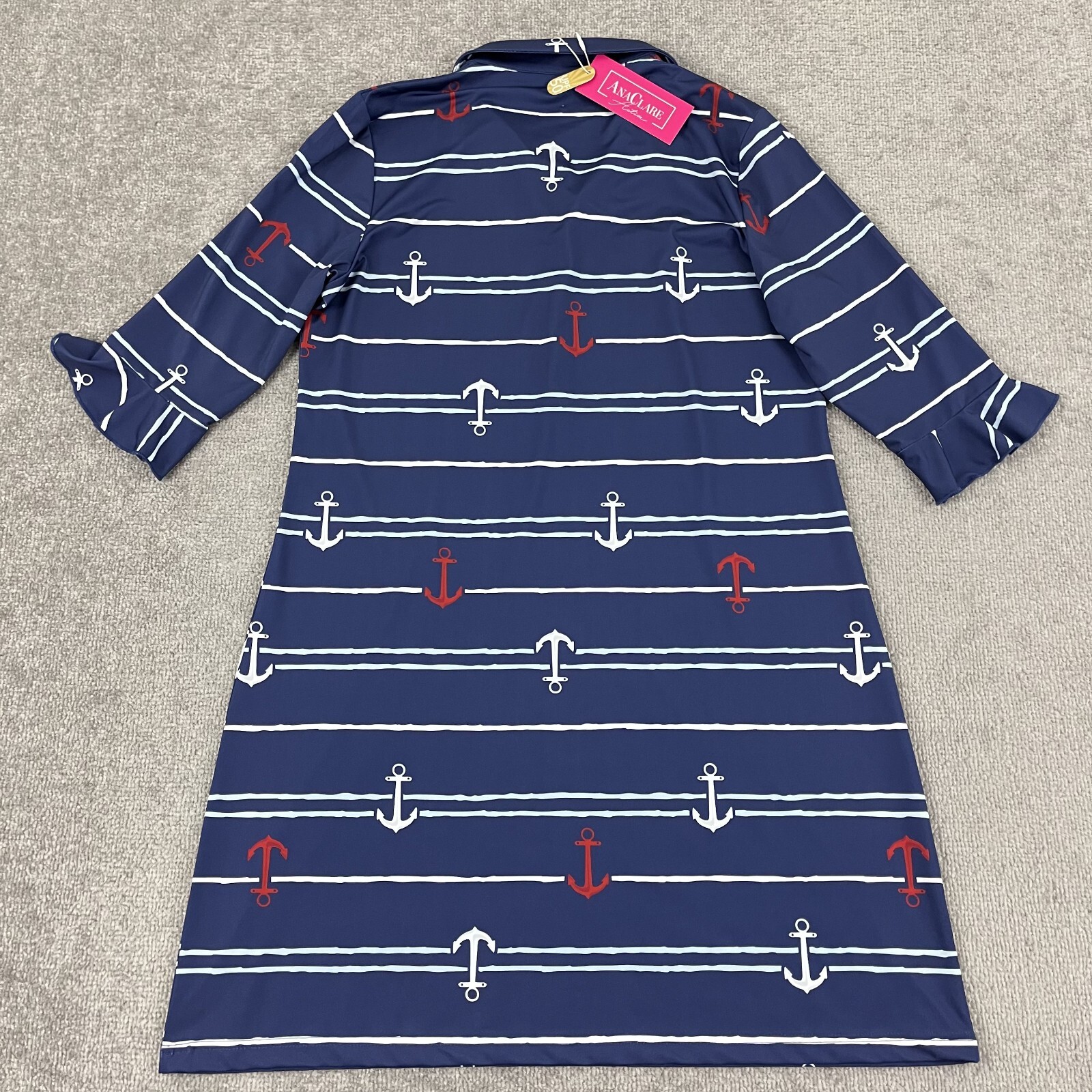 Ana Clare Marin Dress Womens Large Anchored Nautical Active Stretch Preppy NEW