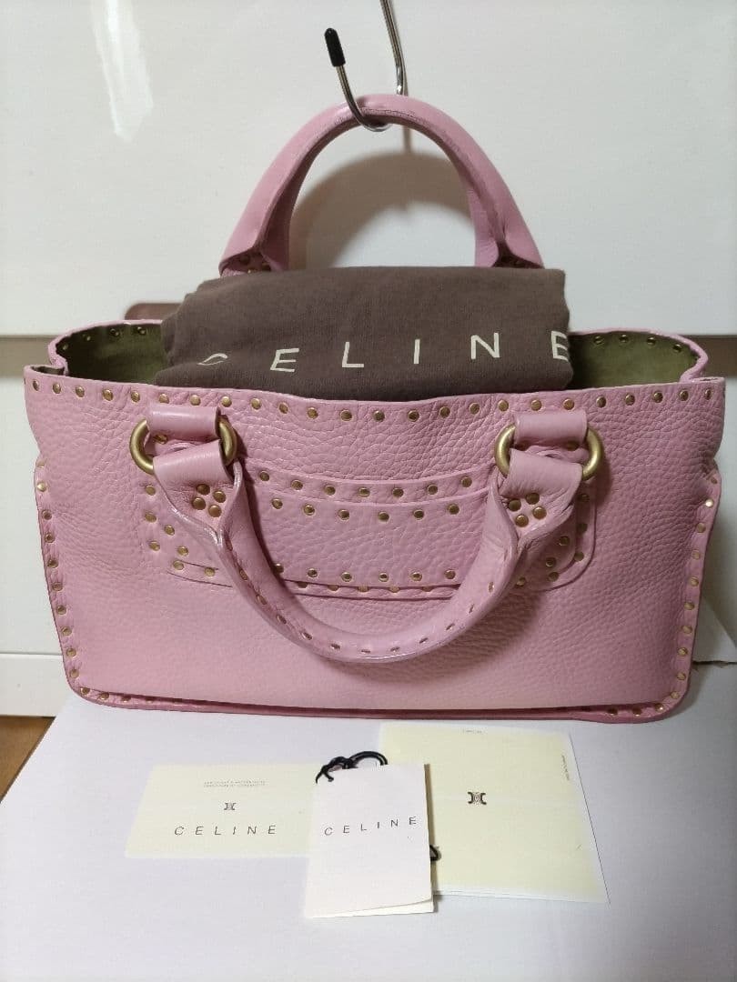CELINE Boogie Bag Pink Genuine Leather Rare Studded Tote Authentic