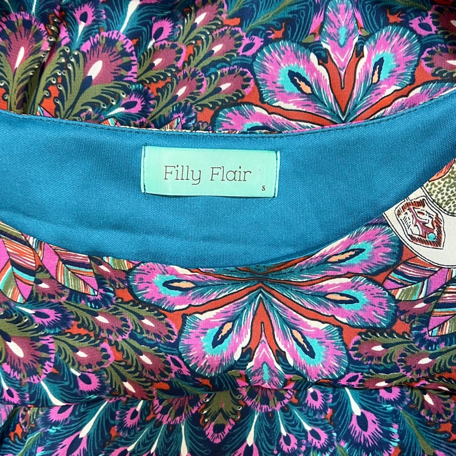 Filly Flair Small Peacock Print Bell Sleeve Mini Dress Boho Teal Elastic Waist