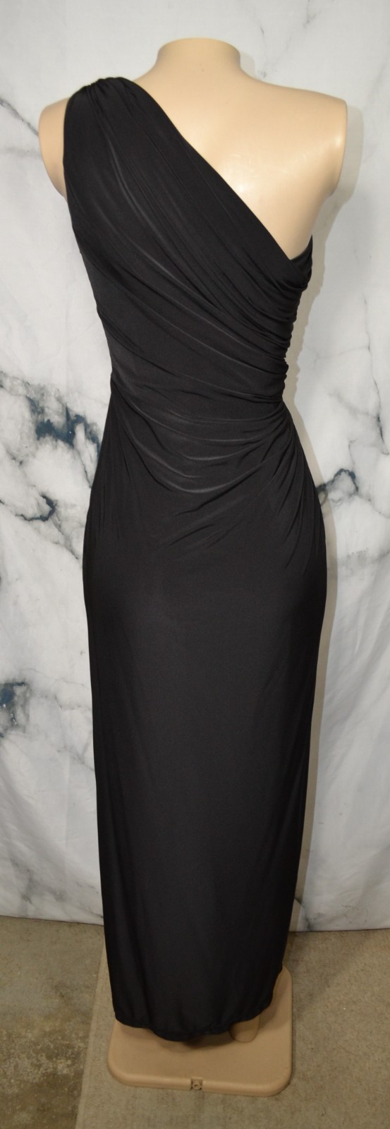 TADASHI SHOJI Black One Shoulder Draped Gathered Gown Small Side Slit Lined USA