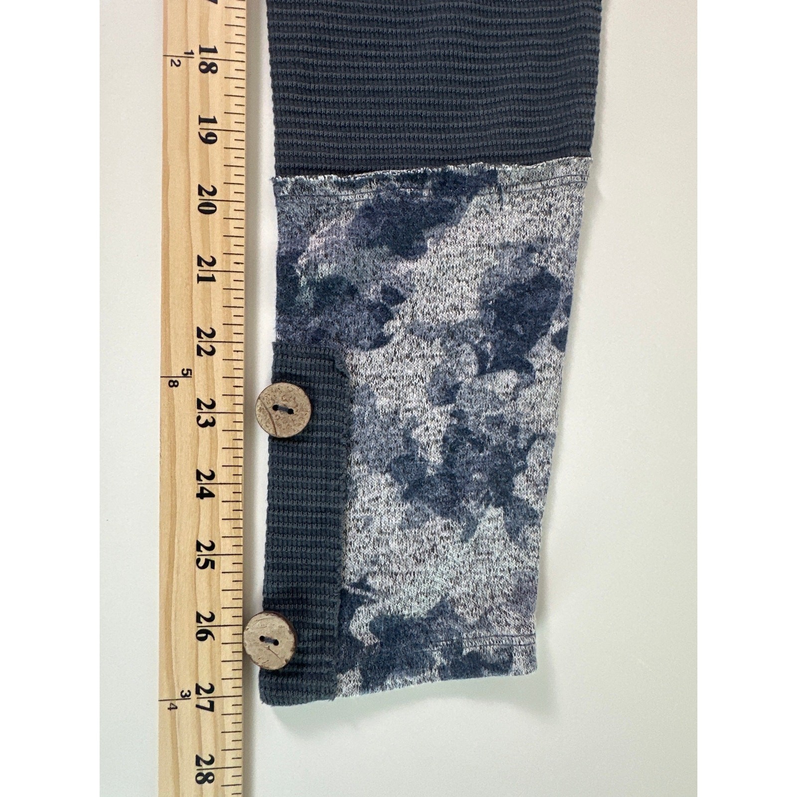 Cupio Slate Blue Waffle Knit Raglan Top Floral Cuffs & Button Accent | Size L