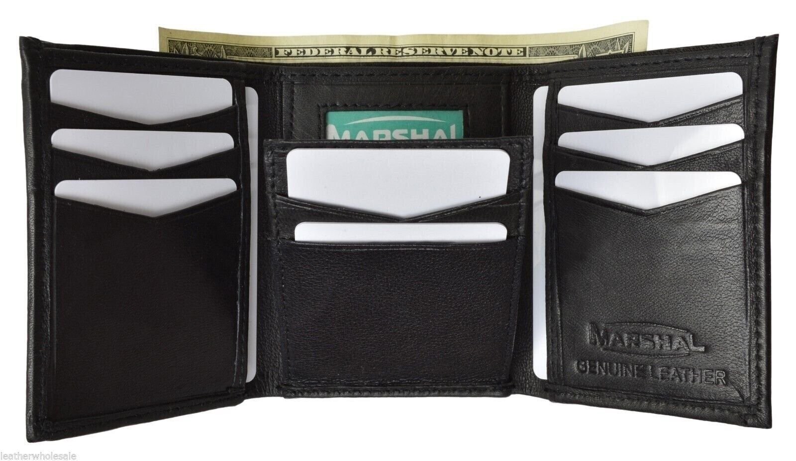 MARSHAL MEN’S GENUINE LEATHER 2 PHOTO HOLDER CREDIT CARD BLACK TRIFOLD WALLET