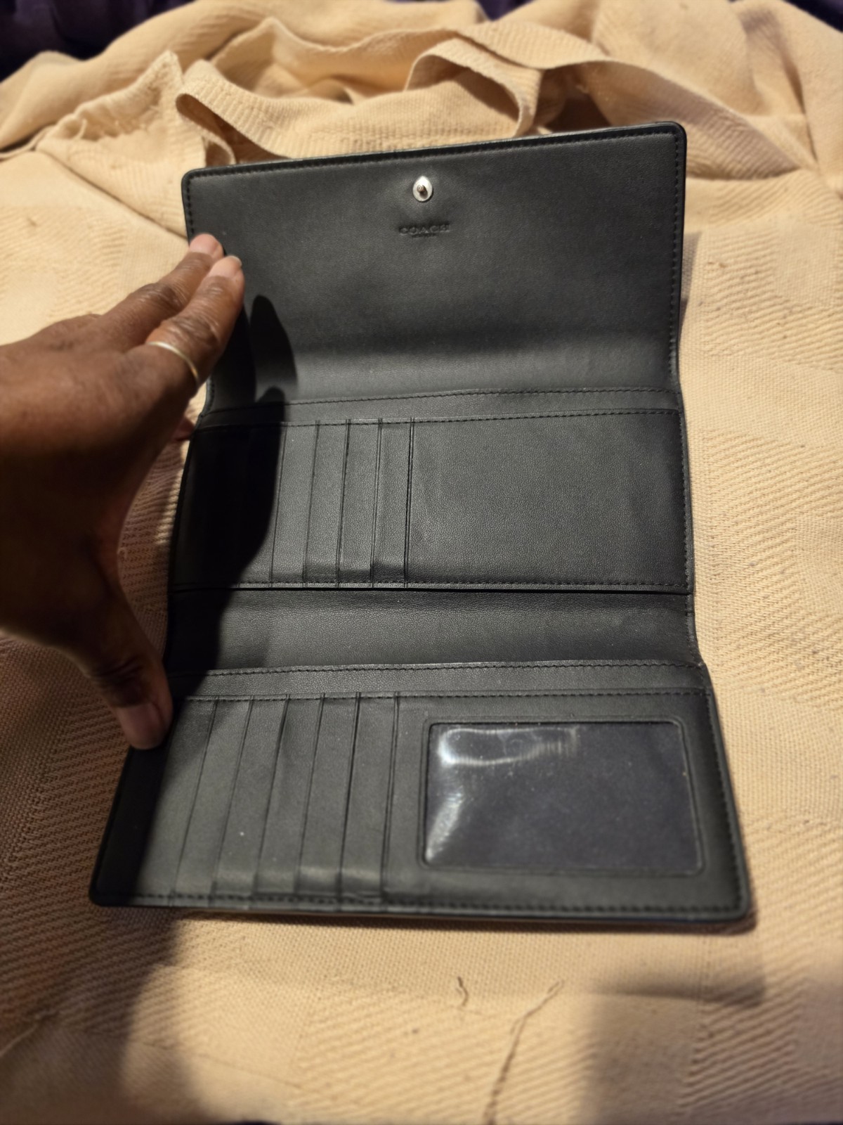 Coach Black Signature Logo Flap Folding Wallet with ID Window & Card Slots