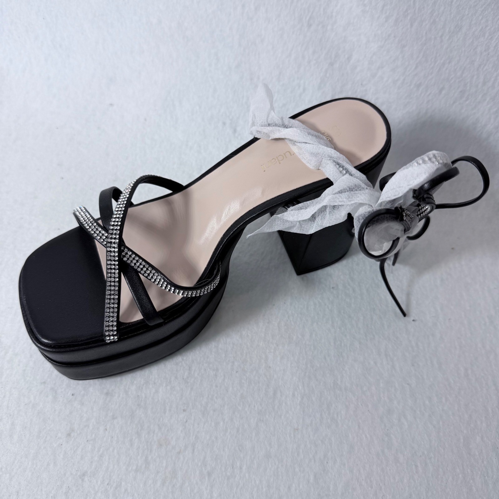 Burudani Womens Black Rhinestone Strappy Platform Block Heel Sandals Size 6.5