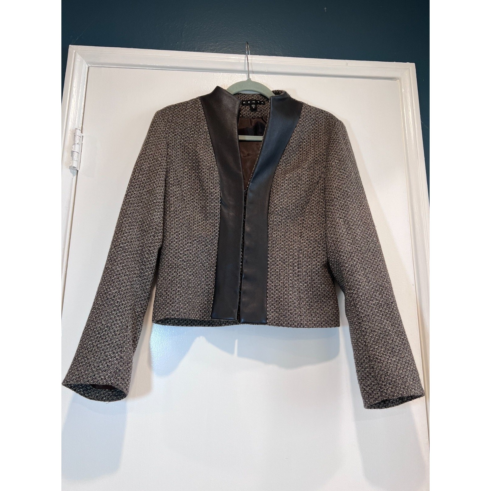 PENTA 100% Wool Tweed Jacket Women’s 6 Genuine Leather Trim Open Front Blazer