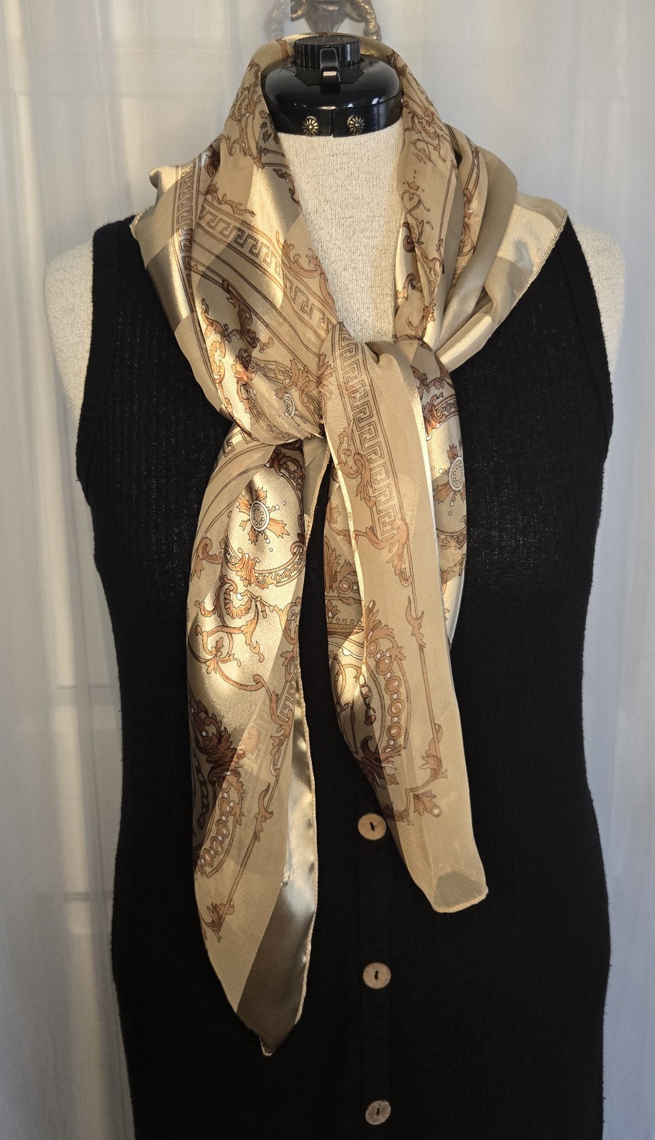 Vintage Scarf Gold Tan & Brown Design Striped Satin Roma Italy 40 X 40 Square