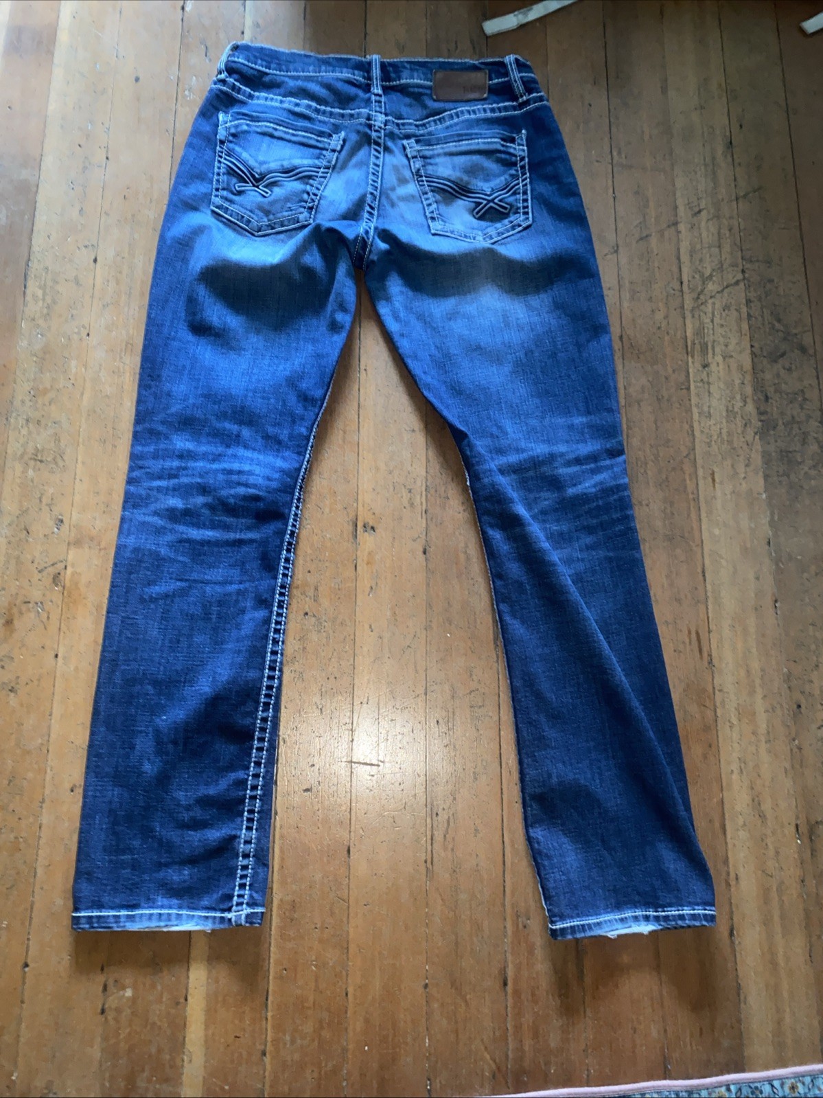 BKE Buckle Jake Mens 34×33 Thick Stitch Blue Denim Jeans Whiskers Stretch