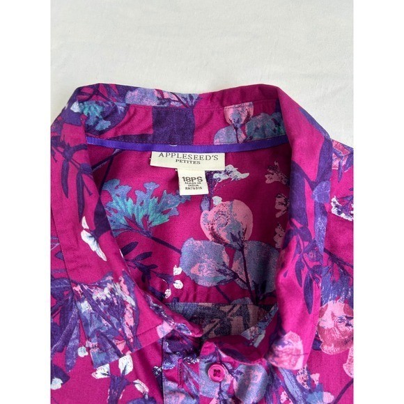Appleseeds Petites Magenta Floral Button Down Shirt 18PS A35300 Purple Pink