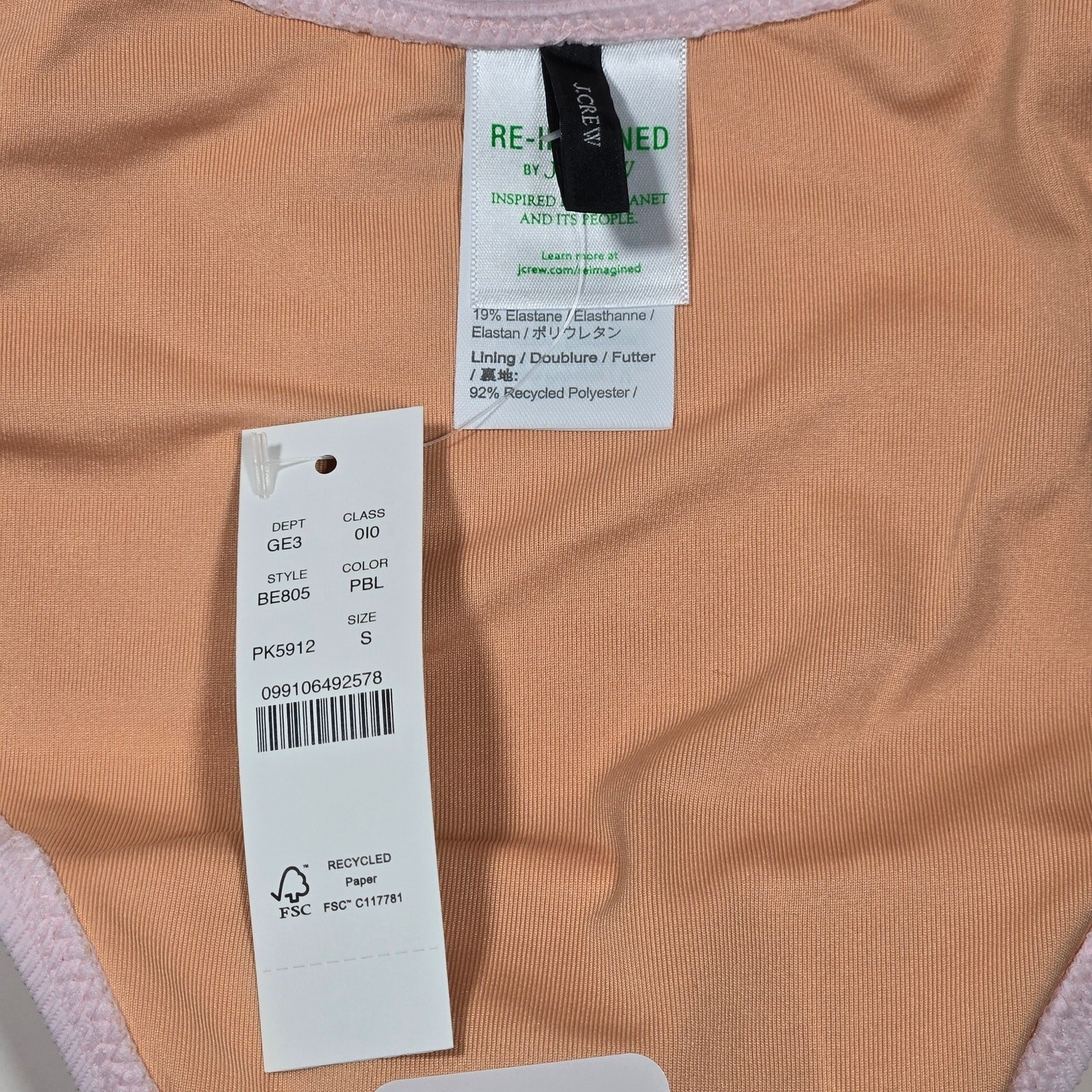 J. Crew Ribbed curved-waist cheeky string bikini bottom in Pale Blossom S NWT