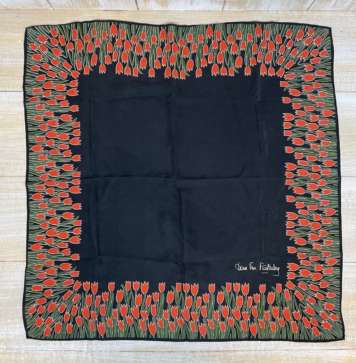 Diane Von Furstenburg Silk Scarf Black W/ Red Tulips Border *read