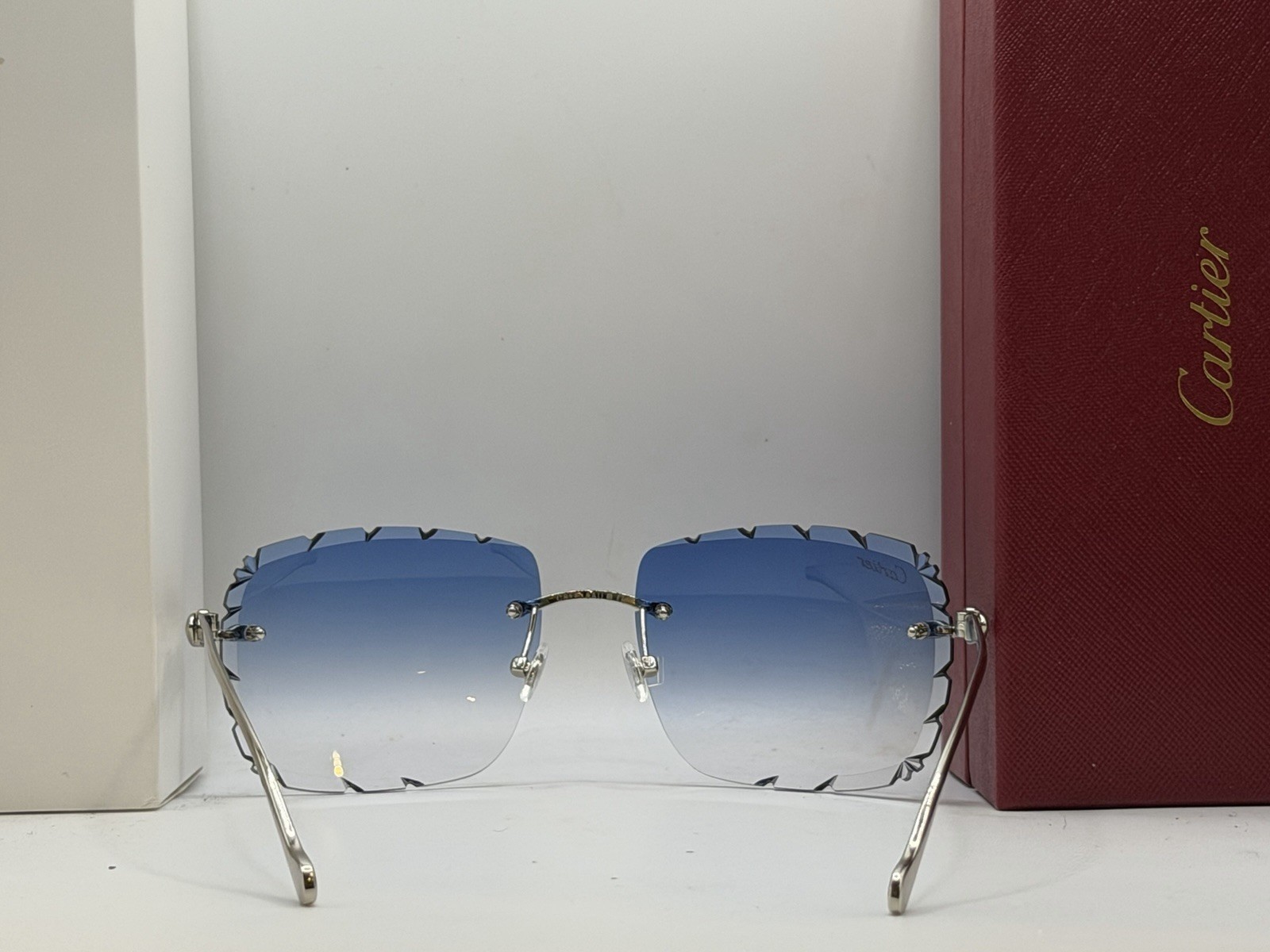 Cartier Panthere CT0061O 60mm Diamond Cut Gradient Blue Lens Silver Sunglasses