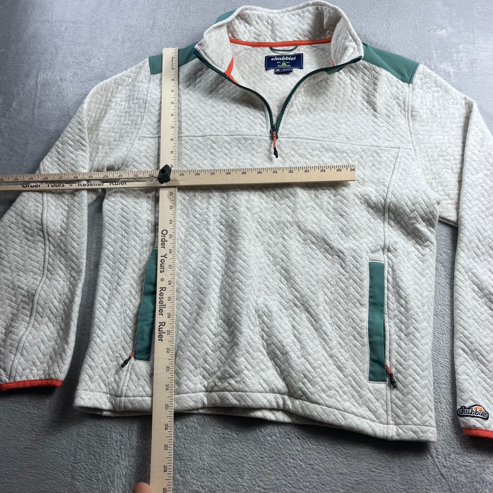 Chubbies Mens Quilted Quarter Zip Pullover Grey Teal Orange Trim Size Medium