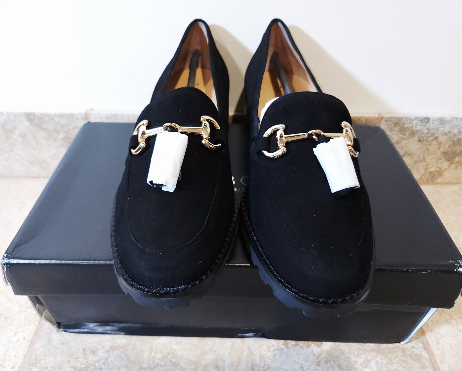 Talbots Cassidy Tassel Womens Loafers Slip-On Black Suede Lug Sole 7.5 M NIB NEW