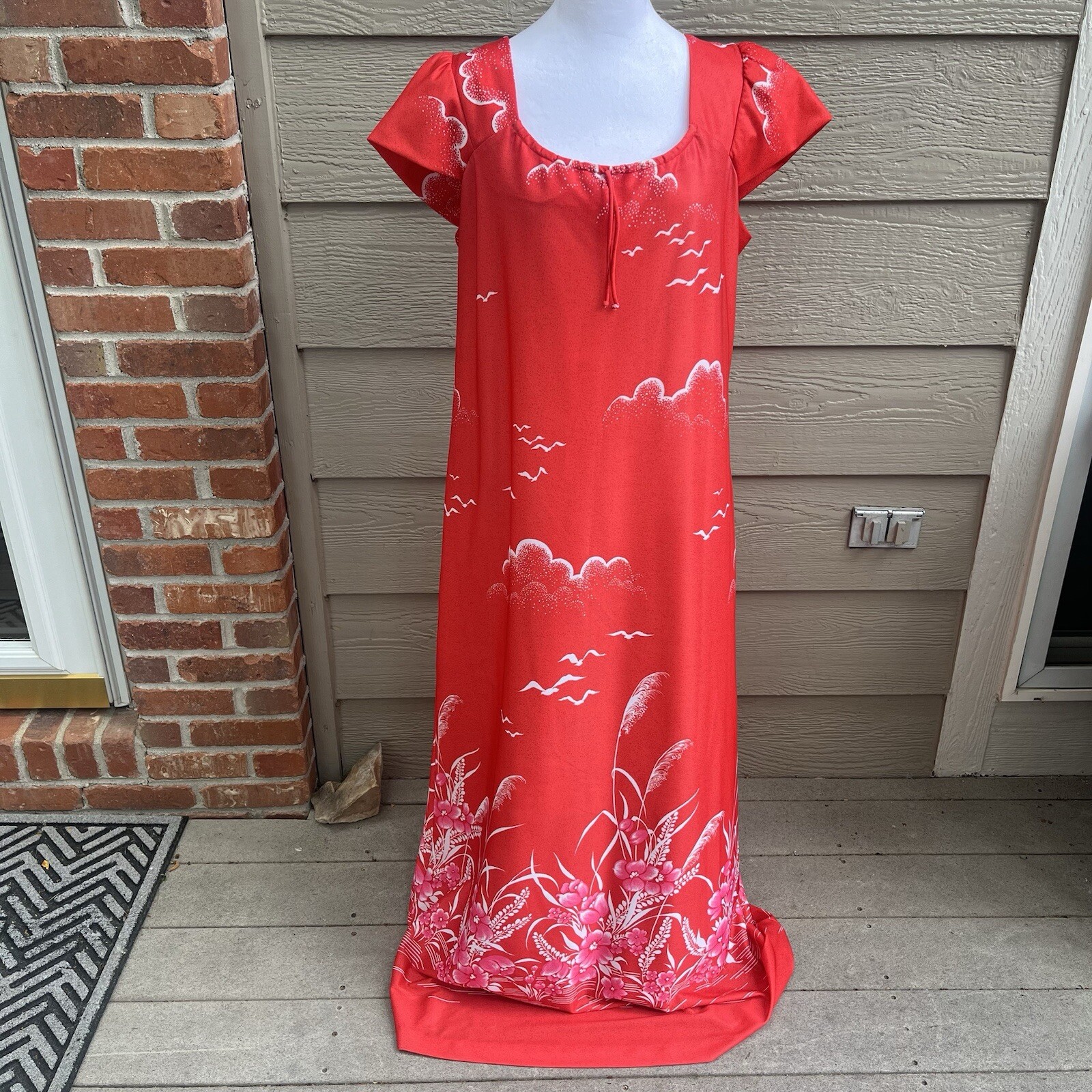 Ja Na Hawaii Red Maxi Patio Dress 16 Clouds Seagulls Pink Flowers Aloha Lounge