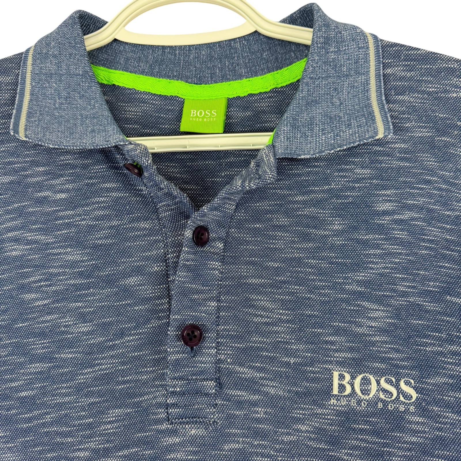 Boss Polo Shirt Mens 2XL Blue Space Dye Marled Cotton Knit Logo Casual Top