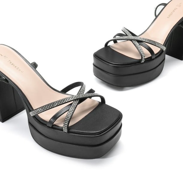 Burudani Womens Black Rhinestone Strappy Platform Block Heel Sandals Size 6.5