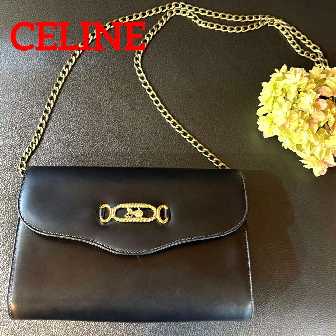 Celine Chain Shoulder Bag Leather Black Horse Carriage Hardware