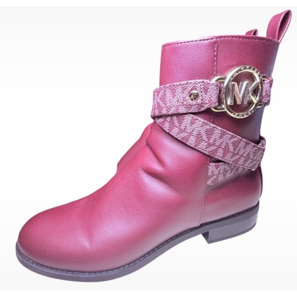 Michael Kors Womens Merlot Monogram Ankle Boots Gold MK Logo Buckle Side Zip