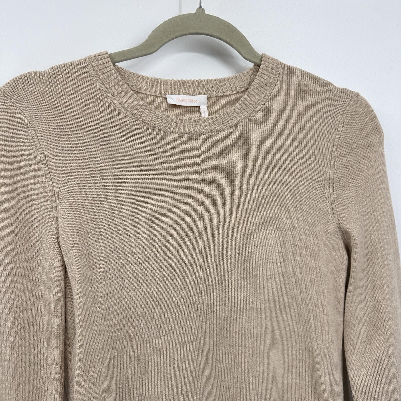 See By Chloe Button Sleeve Sweater Dark Taupe Wool Large Crewneck Pullover