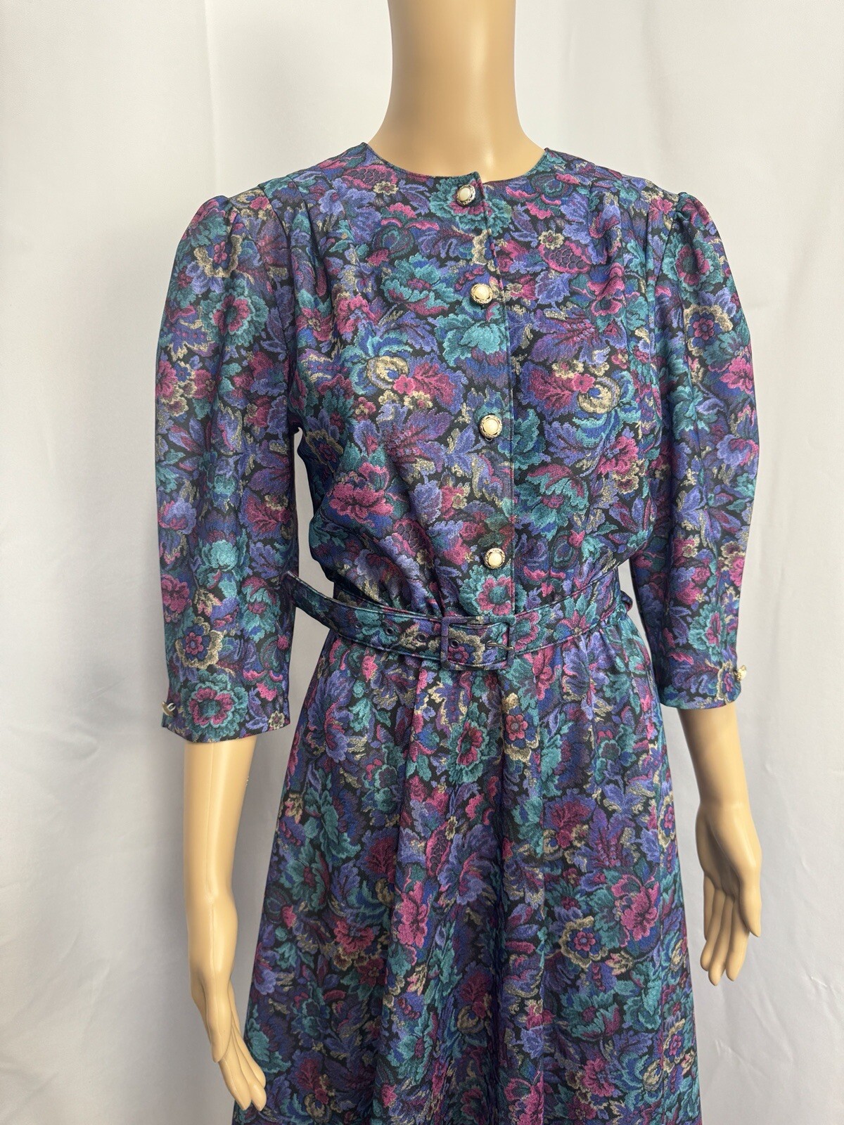 VTG 80s California Looks Floral Jacquard Belted Midi Dress Sz 10 Made USA Purple