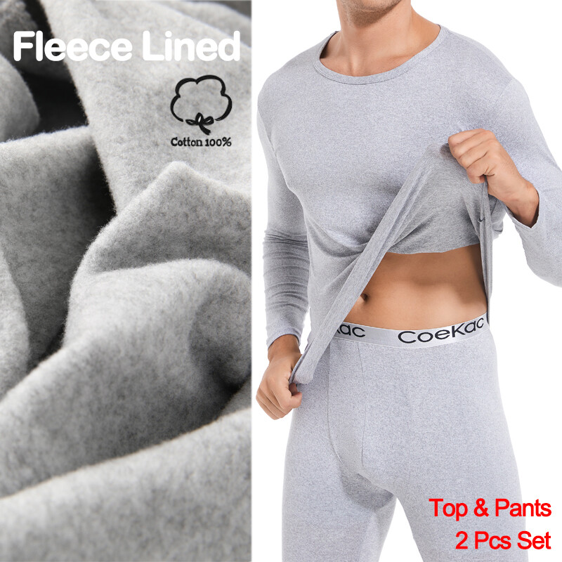 Men 100% Cotton Thermal Fleece Lined Long Johns Warm Underwear Top+Pants 2PC Set