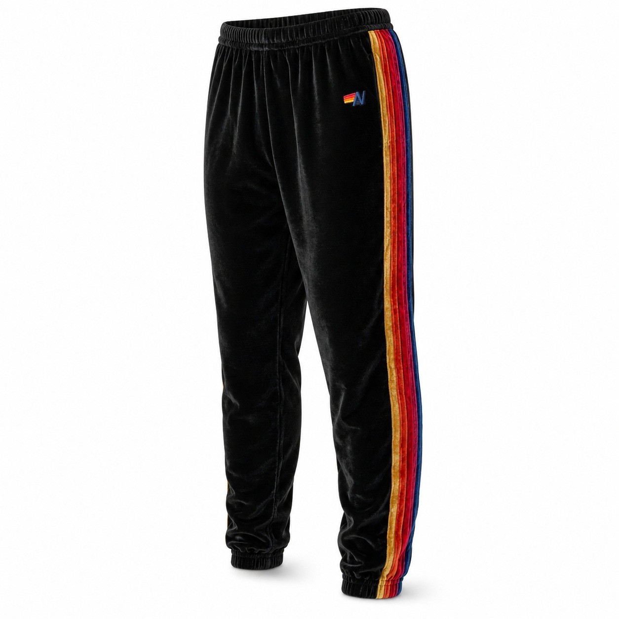 Aviator Nation Black Velvet Rainbow 5 Stripe Jogger Sweatpants Womens XS