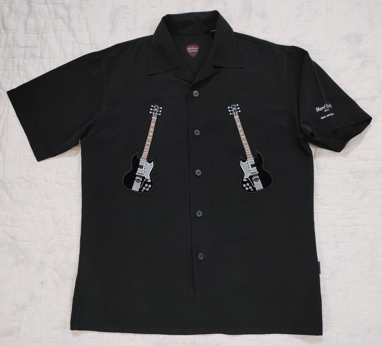 Gibson Tour Wear Shirt Mens M Black Hard Rock Cafe Guitars Embroidered San Anton