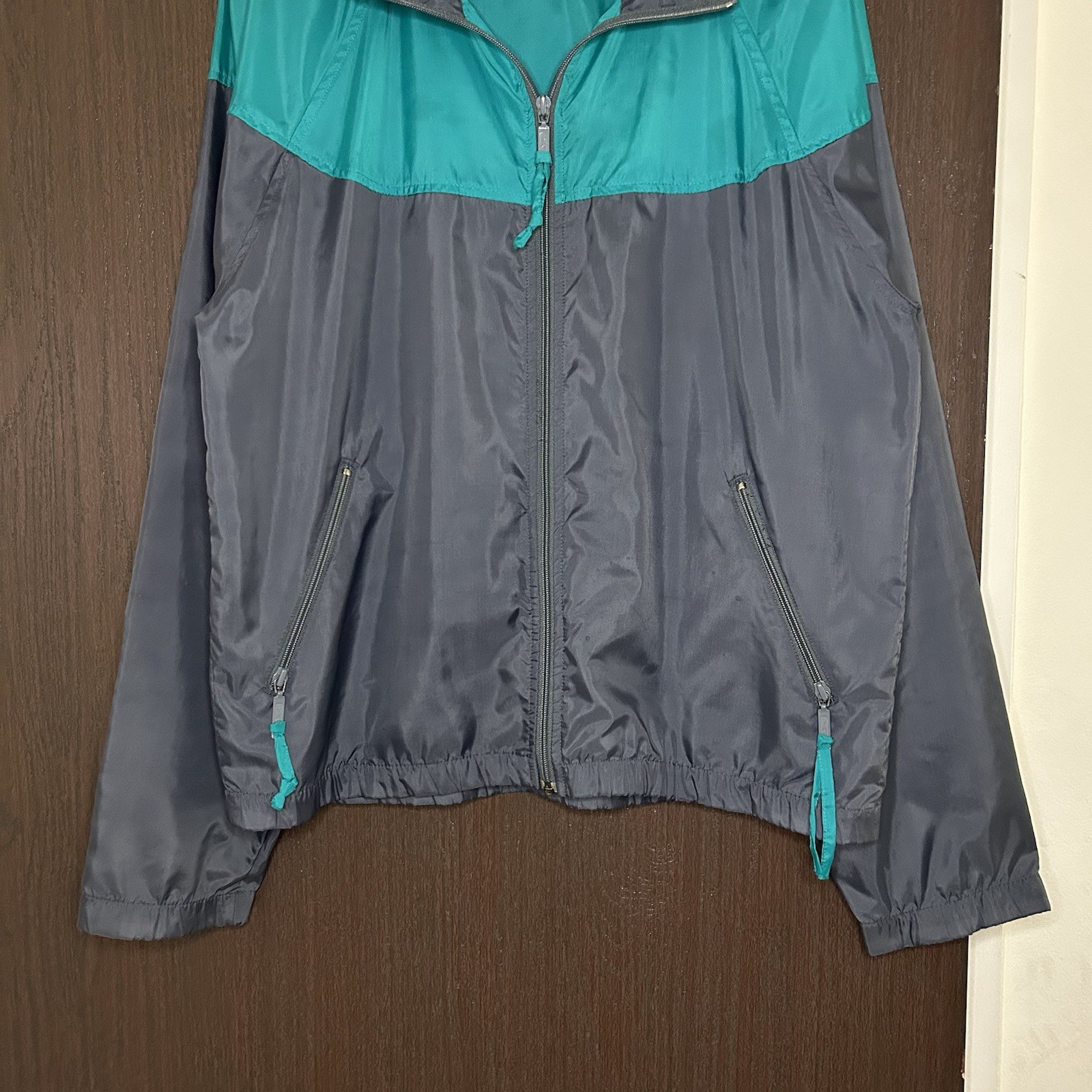 Vintage 80s Columbia Color Block Windbreaker Jacket Mens Medium Nylon Teal Grey