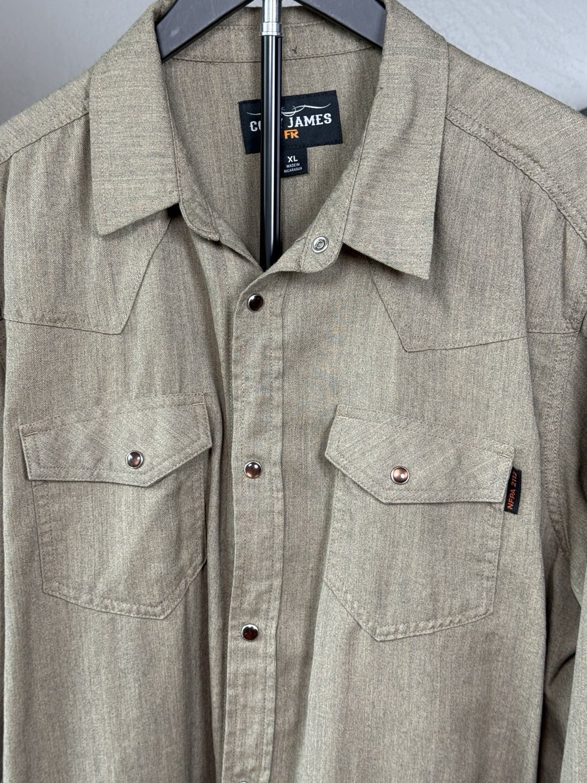 Cody James FR Men’s XL Flame Resistant Western Snap Work Shirt Beige 9.1 ATPV