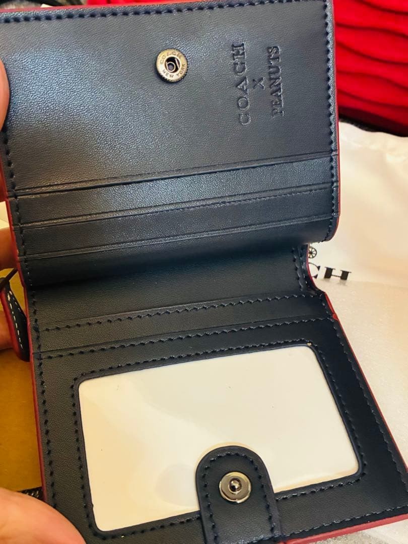 COACH x Peanuts Snoopy Snap Wallet Leather Bifold Wallet Blue Red New