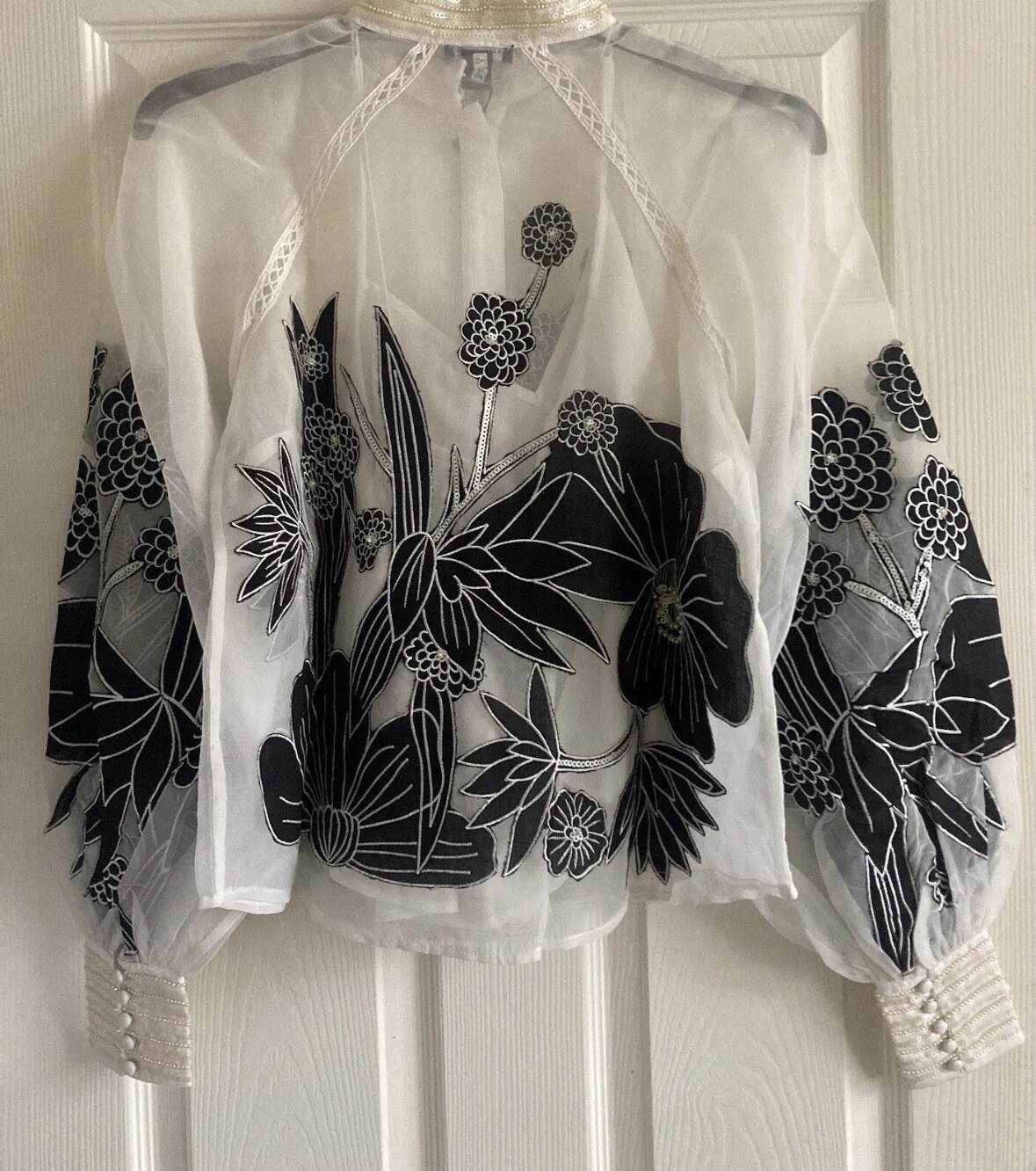 £229 Karen Millen Organdie Applique Balloon Sleeve Blouse UK 8 Black White