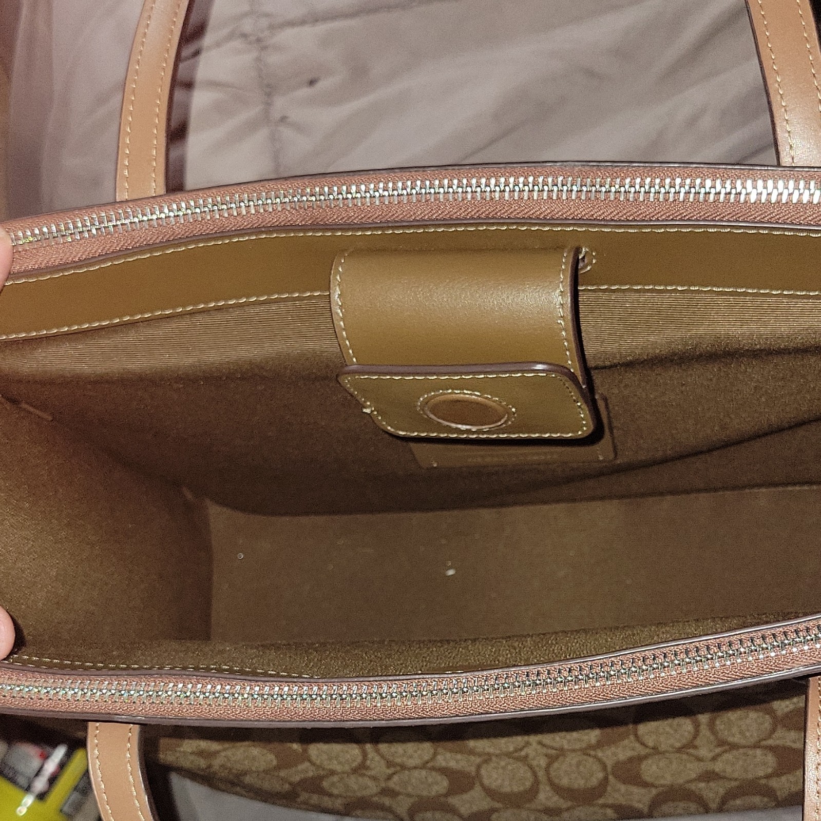 Coach Signature Logo Tote Zip Top Brown/Beige w/ Charm Silver Hardware
